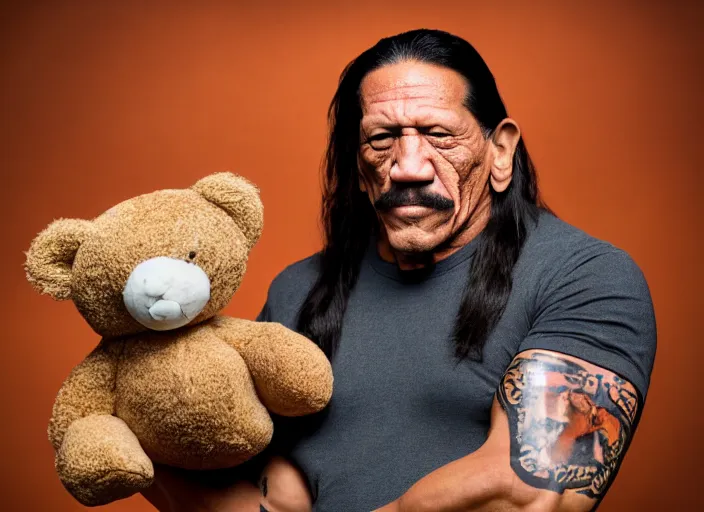 Image similar to photo still of danny trejo at the county fair!!!!!!!! at age 5 6 years old 5 6 years of age!!!!!!!! holding a teddy bear he won, 8 k, 8 5 mm f 1. 8, studio lighting, rim light, right side key light