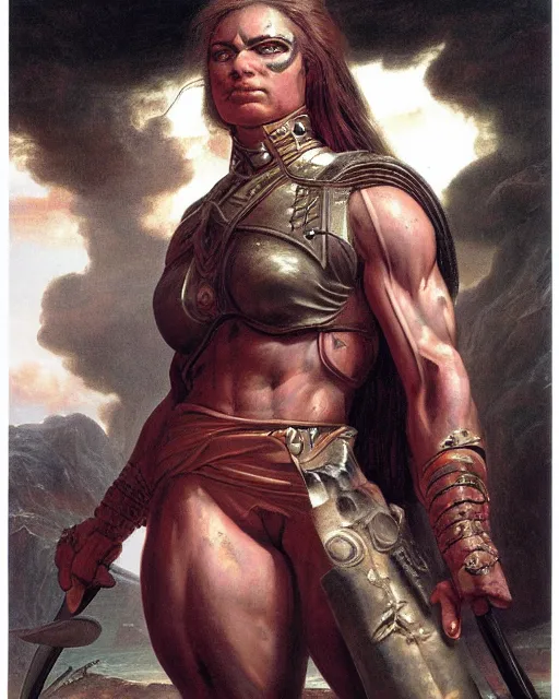 Image similar to a portrait of a muscular female warrior by boris valejo and Thomas Cole and Wayne Barlowe