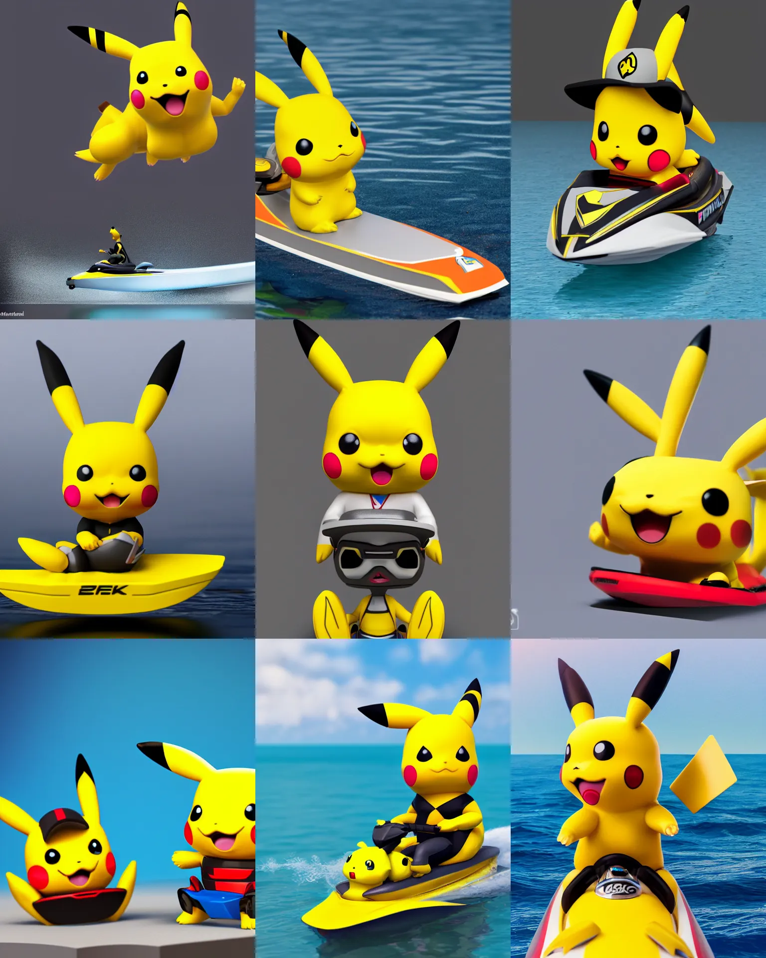 Prompt: full body 3 d render of pikachu on a jetski as a funko pop!, studio lighting, grey background, single body, no shadow, blender, trending on artstation, 8 k, highly detailed