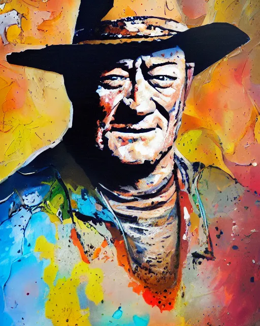 Image similar to abstracted John Wayne painted in extremely thick, glistening impasto splatter paint, in muted colors, in impressionist style of 3689002859