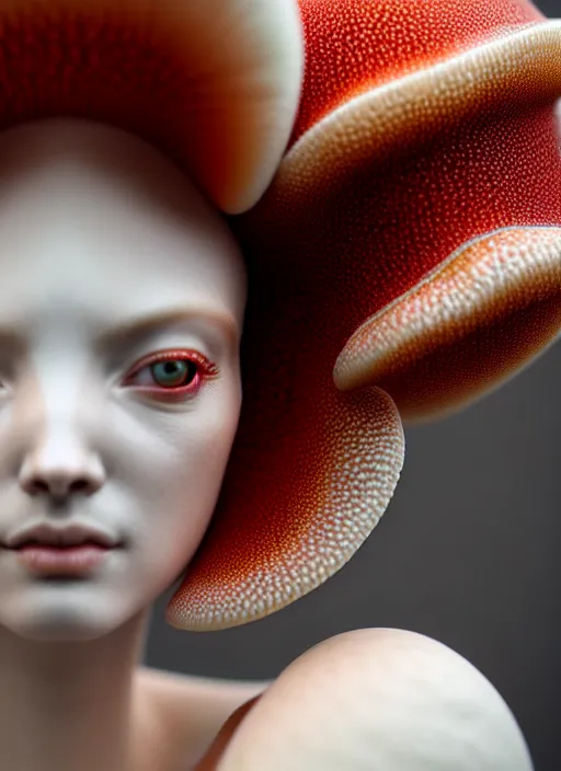 Image similar to intricate hyper detailed ultra sharp focus front shot 3 d render of a beautiful porcelain ivory woman, sharp focus, close - up, f 2. 8 1 5 0 mm natural light, elegant bionic haute couture cyberpunk mechanical red fractal mushroom corals, white mycelum and fungi head ornaments, alexandre ferra, octane render, volumetric cinematic lighting, 8 k,