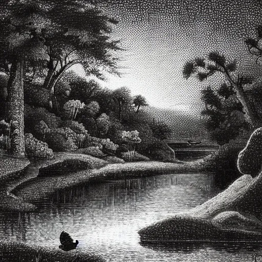 Prompt: masterpiece river scene, style of pointillism, incredible composition, trending on deviantart