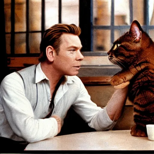 Image similar to ewan mcgregor talking to his brown cat in early 2 0 th century cafe in paris.