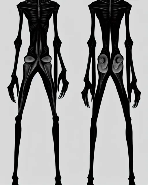 Image similar to concept art of a tall skinny humanoid creature with matte black skin, mangled, a distorted horrifying face, uncanny, horror | | epic - fine - clean, polished, trending on artstation, brush strokes