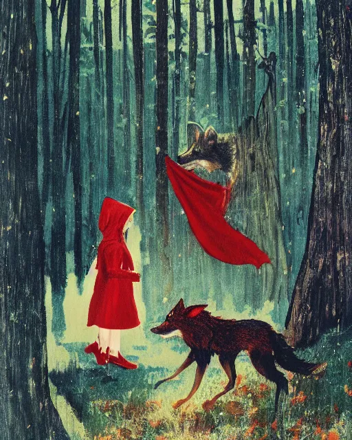 Image similar to red riding hood meeting the big bad wolf after straying from the path, 1 9 7 0 s, seventies, wallpaper, delicate embellishments, painterly, offset printing technique, by brom, robert henri, walter popp