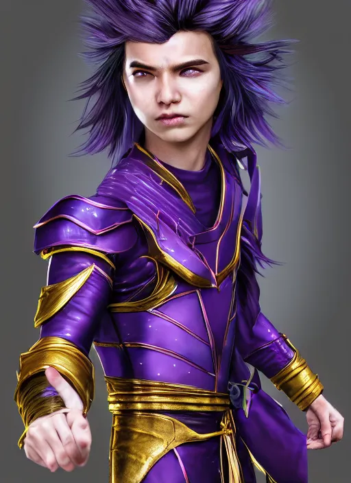 Image similar to An epic fantasy comic book style portrait painting of teenager boy with straight indigo hair, purple eyes with red eye markers, slim body, wearing a detailed Japanese kimono with golden armor pieces, holding a pair of fans. Unreal 5, DAZ, hyperrealistic, octane render, cosplay, RPG portrait, dynamic lighting