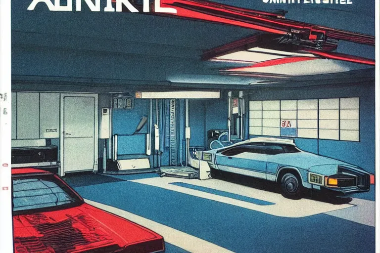 Prompt: 1979 OMNI Magazine Cover depicting a garage car-lift and a surgery room. Cyberpunk Akira style by Vincent Di Fate