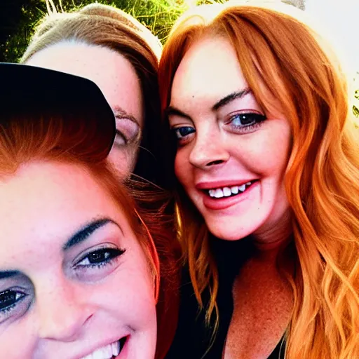 Image similar to Selfie photograph of Lindsay Lohan and Lindsay Lohan, golden hour, 8k,