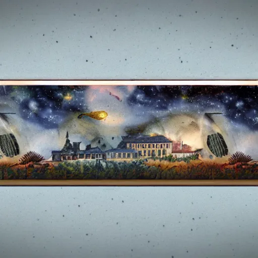 Image similar to hd photo of a fresco!! on a building, with dragon and ( falling stars ), dark faded colors, in style of henri rousseau, denoise, deblur, unreal engine, photorealism