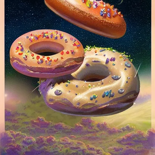 Image similar to a highly detailed, beautiful illustration of cosmic donuts by james gurney, trending on artstation