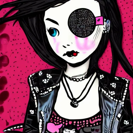 Prompt: punk little girl, profile picture, grunge fashion, reflection, cute artwork, hello kitty art style, gothic style, 8 k