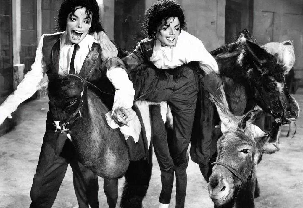 Image similar to michael jackson as a 1 9 5 0 s vampire riding a donkey