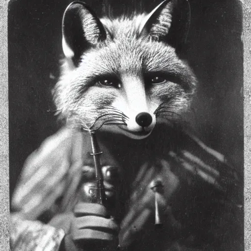 Image similar to anthropomorphic fox man alchemist, 1910s film still