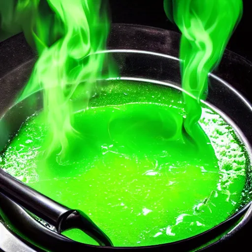 Image similar to brewing violent bubbling green fluid soup, green steam rising from soup