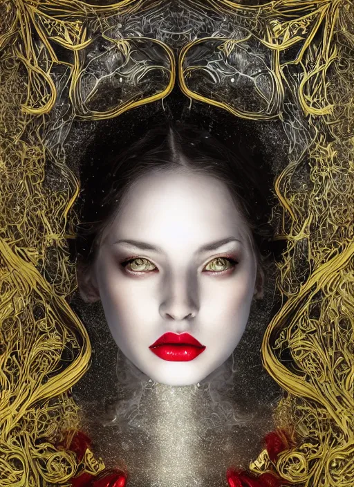 Image similar to glowing silver and golden elements, head and shoulder portrait, young female model from shutterstock as a evil witch, book cover, green forest, white moon, red lips, establishing shot, extremly high detail, photo-realistic, cinematic lighting, pen and ink, intricate line drawings, by Yoshitaka Amano, Ruan Jia, Kentaro Miura, Artgerm, post processed, concept art, artstation, matte painting, style by eddie, raphael lacoste, alex ross