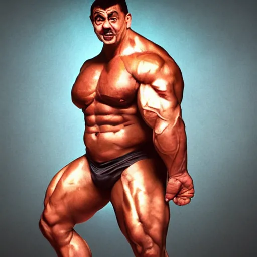 Image similar to upper body portrait of a hulking bulky swole steroids musclebound huge bodybuilder muscular herculean chiseled mr bean rowan atkinson, cinematic lighting, photorealistic, octane render, 8 k, depth of field, 3 d, art by artgerm and greg rutkowski and alphonse mucha and uang guangjian and gil elvgren and sachin ten