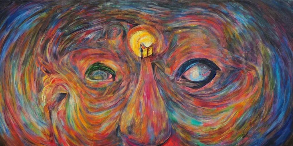 Image similar to interdimensional abstract painting of a man removing a nail from his third eye