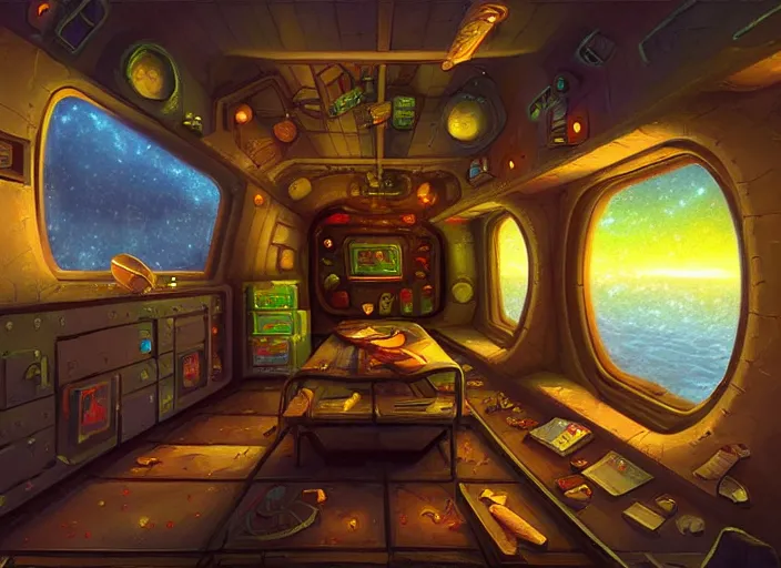 Prompt: in a passage way, inside a small cargo spaceship, from a point and click 2 d graphic adventure game, art inspired by thomas kinkade and mark keathley