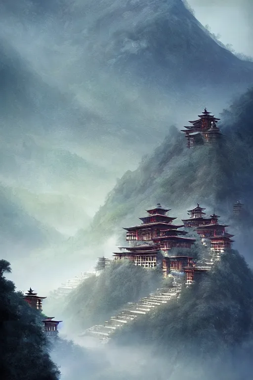 Image similar to Shangri-la at dawn, a Tibetan monastery at the edge of the cliff, powerfull, intricate, elegant, volumetric lighting, digital painting, highly detailed, artstation, sharp focus, illustration, concept art, ruan jia, steve mccurry