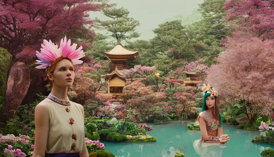 Image similar to , movie still by wes anderson of a beautiful girl wearing gucci exploring a magical japanese garden of flowers, glowing temple in the distance, floating magical deity heads with gucci headdresses, miniature cities, cinestill 8 0 0 t eastmancolor technicolor, high quality, very detailed, heavy grain, fine facial features, 8 k, octane render