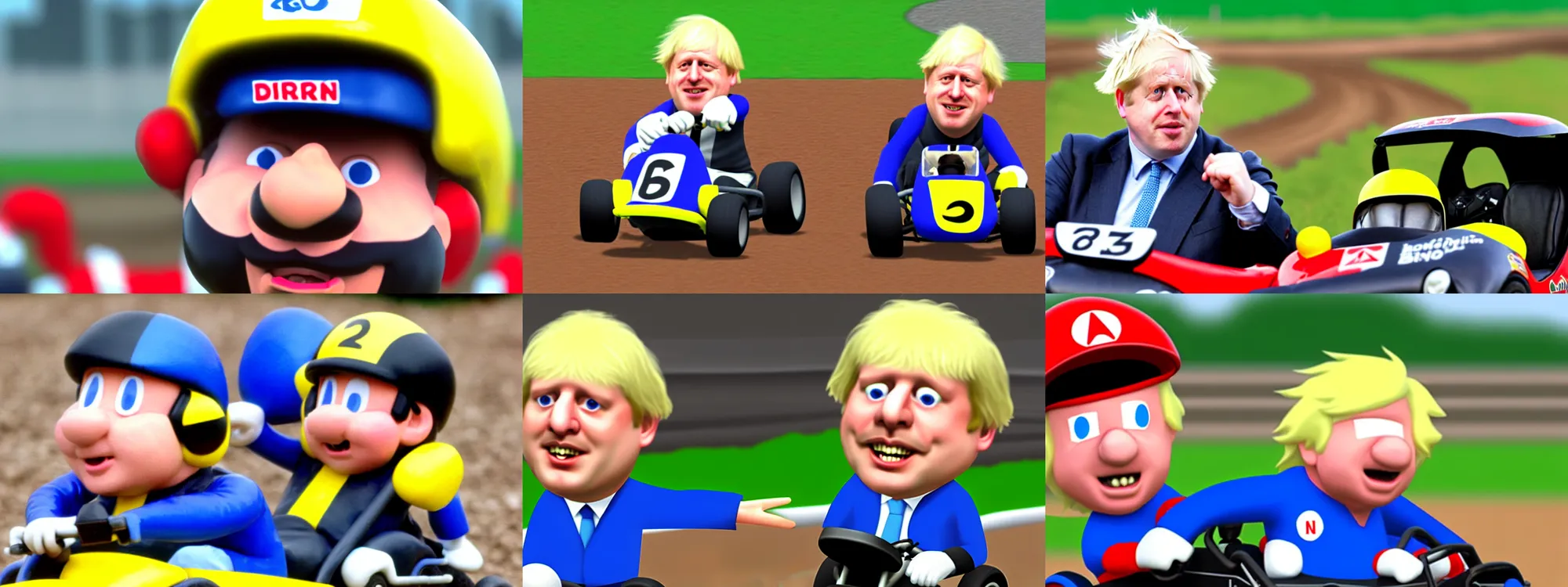 Prompt: Boris Johnson as a character in kart double dash close up. Dirt track, rainy day. Nintendo64