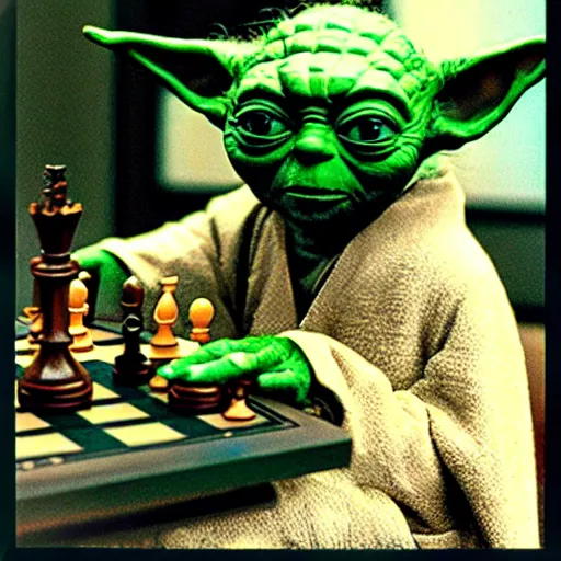 Prompt: photo of yoda playing chess