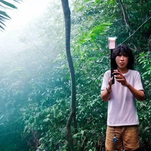 Image similar to korean mowgli, 2 0 years old, with long unkempt and slightly curly hair, holding a torch in one hand and an iphone in the other hand, standing in the jungles of jeju island