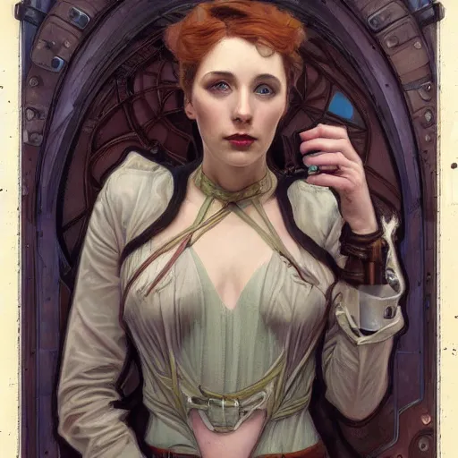 Image similar to a dieselpunk painting in the style of donato giancola, and in the style of charlie bowater, and in the style of alphonse mucha. symmetry, smooth, sharp focus, semi - realism, intricate detail.