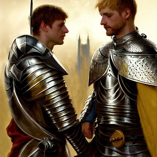 Image similar to attractive arthur pendragon and his favourite attractive male knight, they are in love, camelot, natural lighting, path traced, highly detailed, high quality, digital painting, by gaston bussiere, craig mullins, j. c. leyendecker