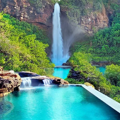 Prompt: dreaming of turquoise infinity pools and waterfalls, detailed, landscape