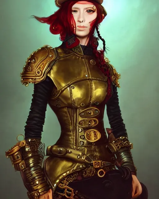 Prompt: a beautiful young female steampunk pirate wearing leather armor on gold and red trimmings on green, very cool pose, slightly smiling Charlie Bowater Annie Leibovitz, zhuoxin ye, cinematic lighting and composition, fantasy painting, very detailed, ornate, 8k trending on artstation and pinterest, deviantart, google images