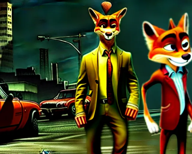 Prompt: nick wilde as max payne in max payne 3 set in gritty neo - noir zootopia, favela / furvela shootout