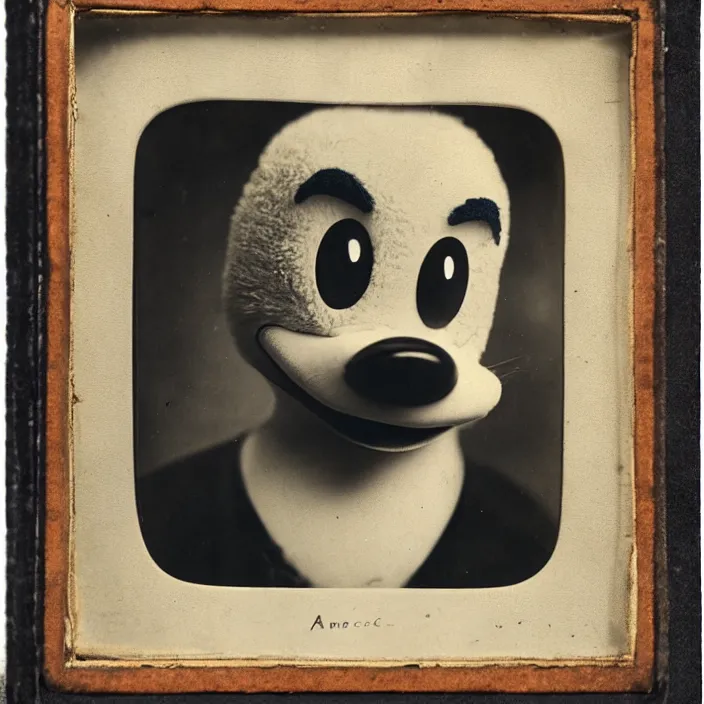 Image similar to facial portrait of donald duck, 1 9 2 1, ambrotype, by george s. cook, award winning