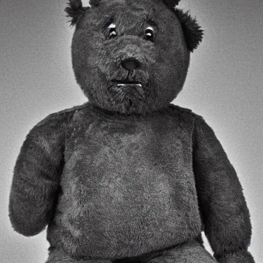 Prompt: Portrait studio photograph of Kanye West and also a anthropomorphic teddy bear, close up, shallow depth of field, in the style of Felice Beato, Noir film still, 40mm