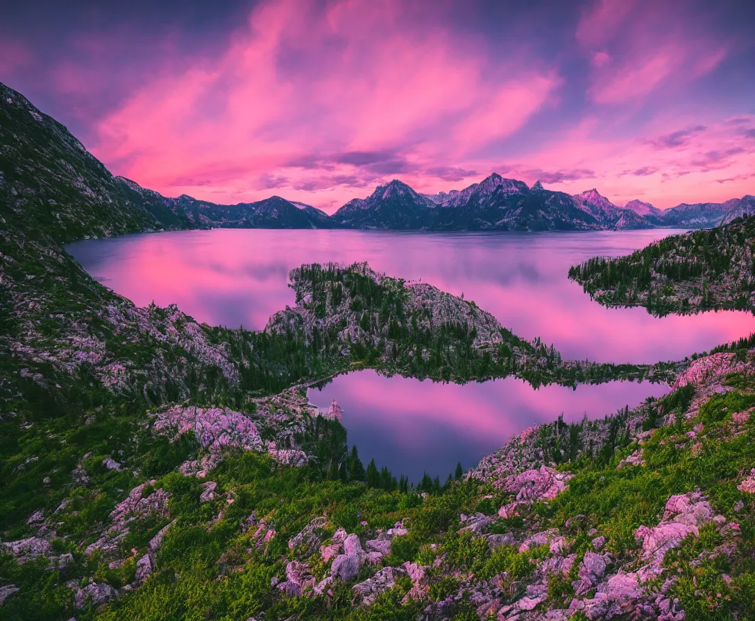 Image similar to wide angle photography, majestic mountains, beautiful lake, lush landscape, pink sky, sunset, high res, 8k