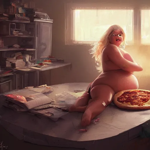 Image similar to a very fat margot robbie sitting in a messy room and burping because she ate too much pizza and junk food, fantasy art, illustration, amazing detail, in the style of greg rutkowski, artgerm, cgsociety