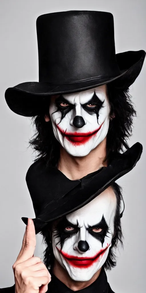 Image similar to a male model wearing a black leather hat in joker makeup, frontal view, cool looking