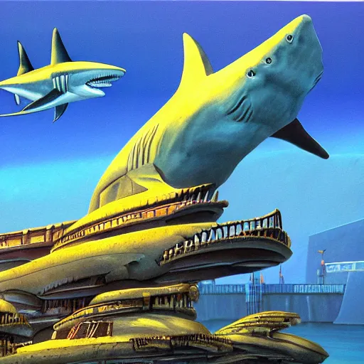 Image similar to side view a beautiful painting of a shark palace by Angus Mckie, Trending on artstation future space