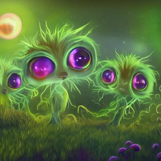 Prompt: cute fluffy aliens with big eyes and big ears in field of weird luminescent plants detailed oil painting 4 k