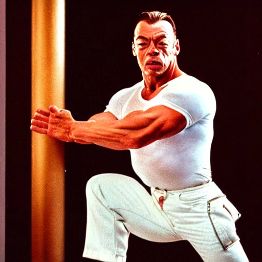 Image similar to Jean Claude Vandamme, 1992, doing the splits over a toilet, dramatic lighting, award winning, octane,