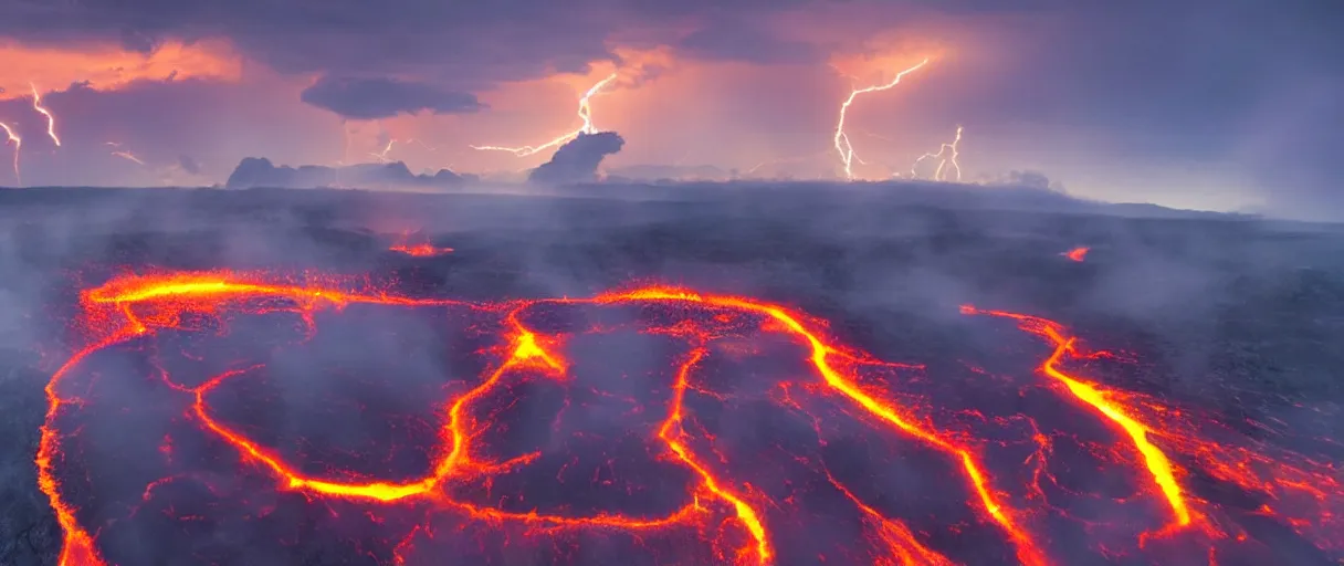 Image similar to lava flowing trough the amazone lightning clouds, sunset, mountains, 4 k, hd, explosive, colorfull