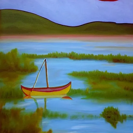 Image similar to painting of a lone canoe floating in a blood river