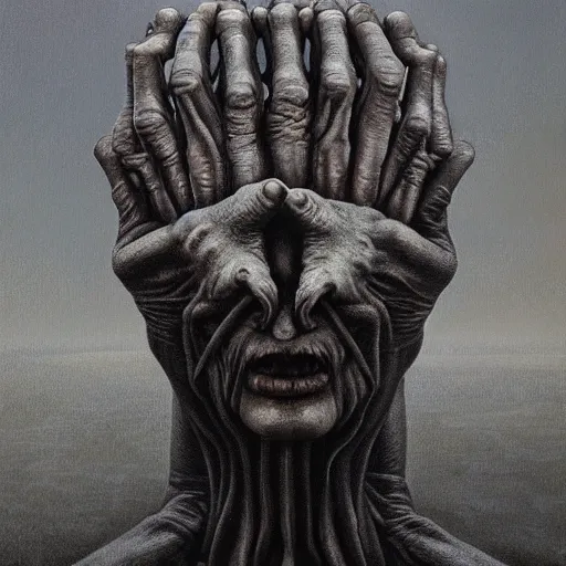 Image similar to Two hands holding a head by Zdzislaw Beksinski, Jeffrey Smith and H.R. Giger, oil on canvas, 8k highly professionally detailed, trending on artstation