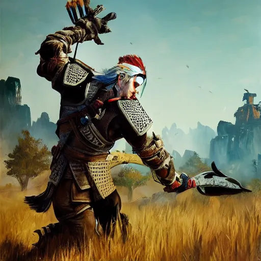 Prompt: Geralt fighting a Thunderjaw machine from Horizon Zero Dawn in the style of an oil painting