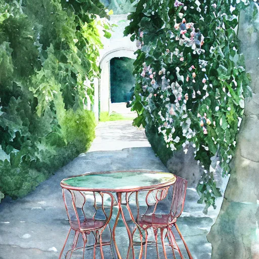 Image similar to delicate, chairs, garden, paved, botanic watercolors oils, iridescent, 8 k, realistic shaded, fine details, artstation, italian, iron gate, tree, mediterranean