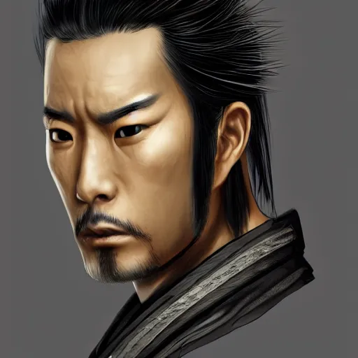 Image similar to hyper realistic concept art character of a handsome characteristic samurai fighter with an intense stare