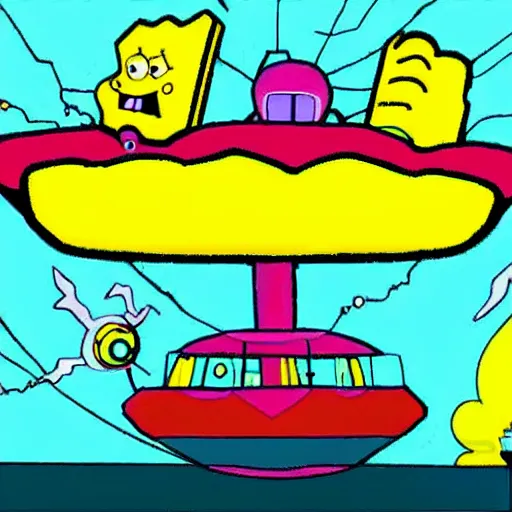 Prompt: sponge bob driving an alien mothership in cartoon network style, vivid colors.