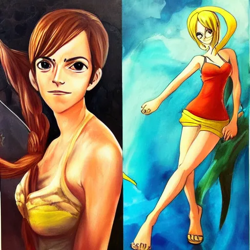Image similar to emma watson as nami from one piece, oil painting, full body.