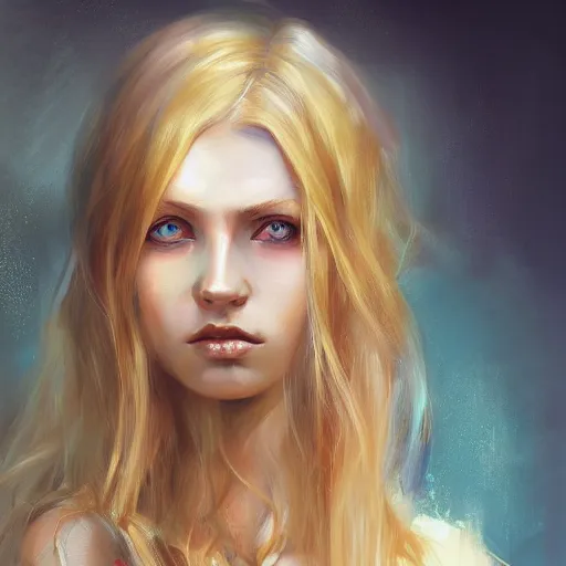 Prompt: painting of a woman, long blonde hair, blue eyes, by Bastien Lecouffe-Deharme colorful woman 4k very-detailed high-quality portrait, deviantart, artstation