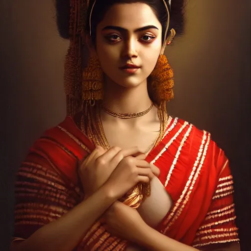 Image similar to beautiful young sita wearing bihu mekhela costume ; portrait by artgerm and tom bagshaw ; trending on artstation ; award winning, cinematic natural dramatic lighting, studio photography by annie leibovitz